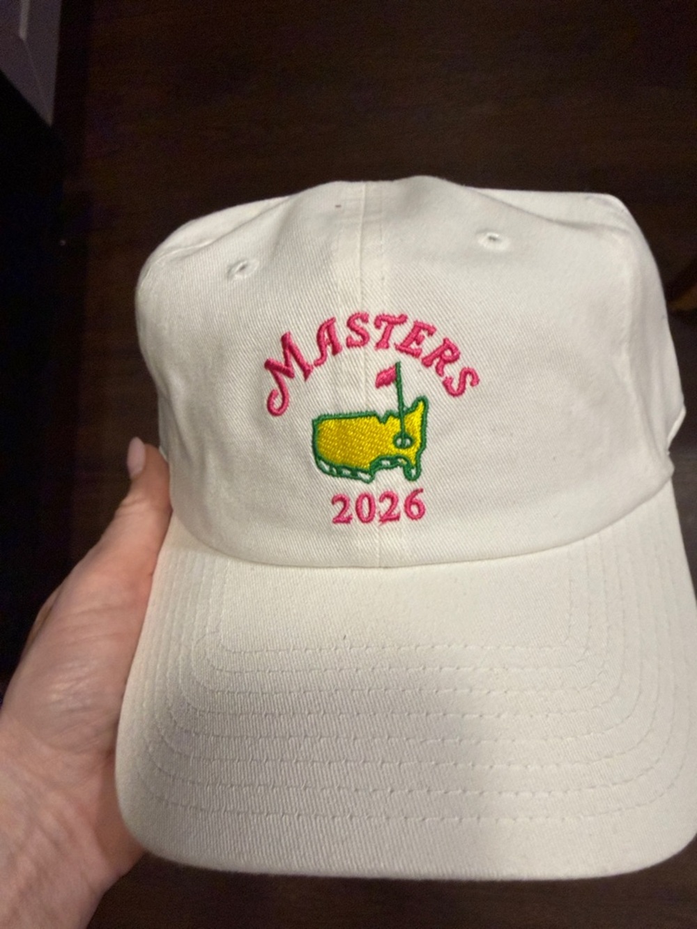 Masters 2026 Embroidered White Cap with Pink & Yellow Logo